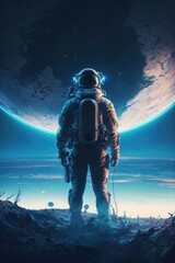 View of the atmosphere. Cosmonaut in space suit. Beautiful illustration picture. Generative AI