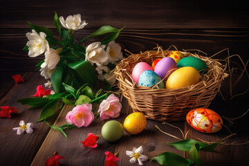 Fototapeta na wymiar Easter Holiday basket with colorful painted eggs, decorated with flowers, wooden background