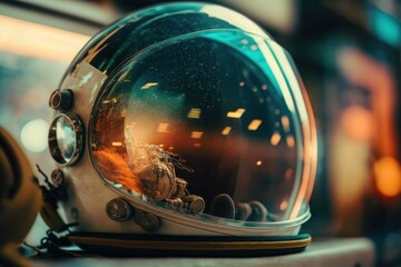 Beautiful starlight reflection on the glass of helmet. Cosmonaut in space suit. Beautiful illustration picture. Generative AI