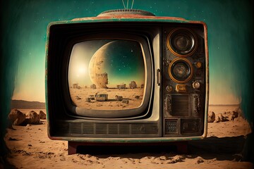 Outer space with planets and stars inside old TV set, created with generative ai
