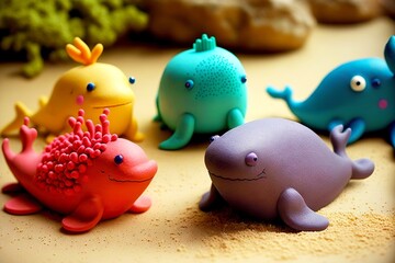 Multicolored plasticine marine animals lying on yellow sand, created with generative ai - obrazy, fototapety, plakaty
