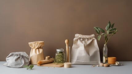 Plakat Assortment of eco-friendly packaging options such as biodegradable packaging peanuts, plant-based plastic bags - generative ai