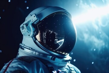 Close up view. Cosmonaut in the space suit. Beautiful illustration picture. Generative AI