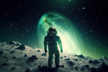 Fototapeta na wymiar Standing and looking at the view. Cosmonaut in the space suit. Beautiful illustration picture. Generative AI
