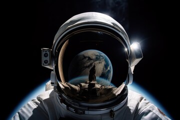 Reflection in the helmet. Astronaut in space suit. Beautiful illustration picture. Generative AI