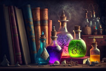 Old alchemy books and colorful potion bottles on shelf background, created with generative ai - obrazy, fototapety, plakaty