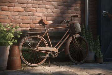 Fototapeta na wymiar A vintage bicycle leaning against a brick wall, Generative AI