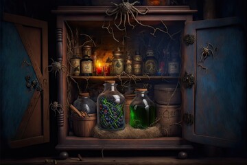 Mysterious potions and spiders inside old wooden cupboard in witch hut, created with generative ai