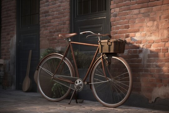 A vintage bicycle leaning against a brick wall, Generative AI