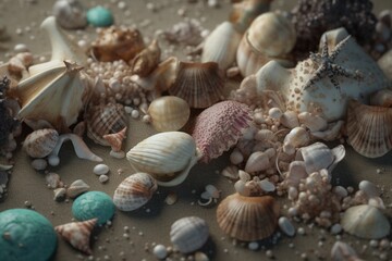 Fototapeta na wymiar A collection of seashells and other beach finds, Generative AI