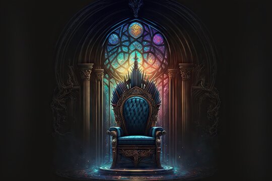 Magnificent throne with stained-glass window in background in dark castle, created with generative ai