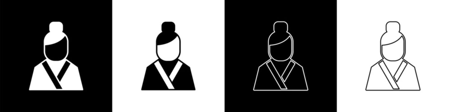 Set Chinese woman in traditional clothes icon isolated on black and white background. Asian girl. Vector