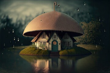 Big retro fantasy umbrella floating above cute fairy tale hut in rain, created with generative ai