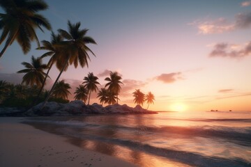 Fototapeta na wymiar A peaceful beach with palm trees and a sunset, Generative AI