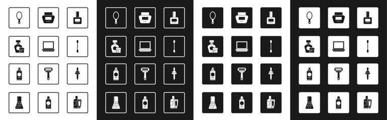 Set Nail polish bottle, Makeup powder with mirror, Cream lotion cosmetic tube, Hand, Cotton swab for ears, Pipette and Spray can hairspray icon. Vector