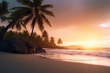 Obraz na płótnie Canvas A peaceful beach with palm trees and a sunset, Generative AI