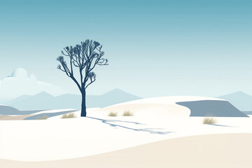 A digital illustration of a lone tree in the middle of a white desert