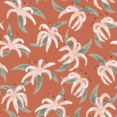 Beautiful hand painted garden of wild lilies in shades of peach, pink and sage on rust background. Great for home decor, fabric, wallpaper, gift-wrap and stationery.
