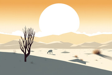 A digital illustration of a lone tree and a lone deer in the middle of desert during a sunset