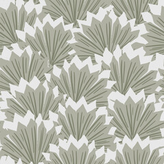 Handpainted palm leaves in zig zag shapes arranged to form a tropical pattern in grey, sage and white. Great for home decor, fabric, wallpaper, gift-wrap and stationery.
