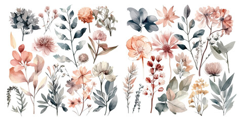 Set of watercolor flowers leaves and twigs on a white background