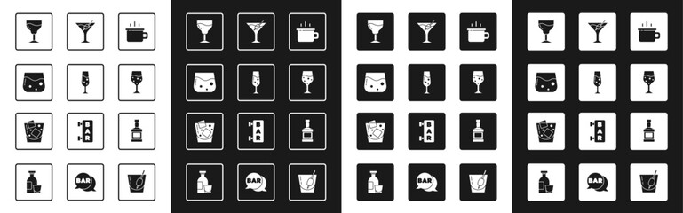 Set Coffee cup, Glass champagne, whiskey, Wine glass, Martini, Whiskey bottle and icon. Vector