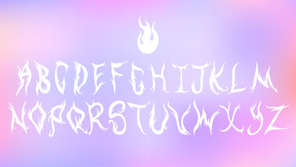 Y2K fire font. Liquid alphabet, flame white letters. typeface vector set 2000s style. Vecto 90s, 00s aesthetic trendy emo goth EPS