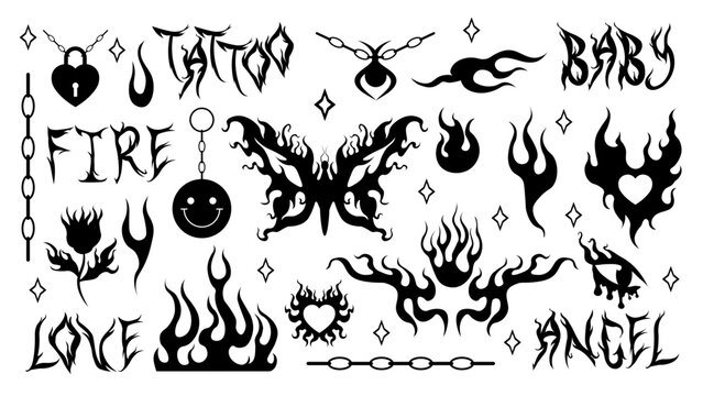 Y2k tattoo stickers. Flame and fire, chain, heart, butterfly, flower, necklace triball glamour in trendy 90s, 00s psychedelic style. Vector hand drawn black and white silhouette tattoo print set. EPS