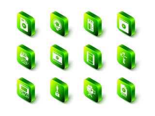 Set Camera shutter, Cinema ticket, Online play video, Gimbal stabilizer for camera, MOV file document, Play Video, Retro cinema and Movie trophy icon. Vector