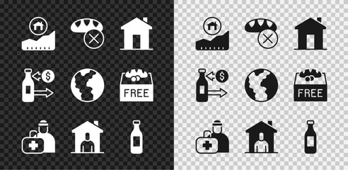 Fototapeta premium Set Rising cost of housing, Donation food, Real estate, First aid kit, Shelter for homeless, Bottle water, Reception glass bottles and Global economic crisis icon. Vector