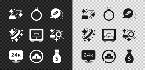 Set Gold bars, ring, 24k, exchange money, Old bag, and Safe with gold icon. Vector