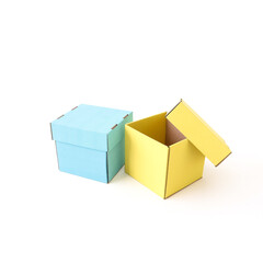 Blue and open yellow box on a white background. Top view. Place for text and logo. The concept of packaging, gift, delivery.