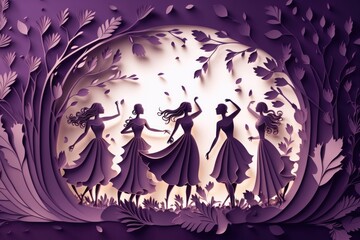 3d illustration of beautiful women dancing in the forest, paper cut style