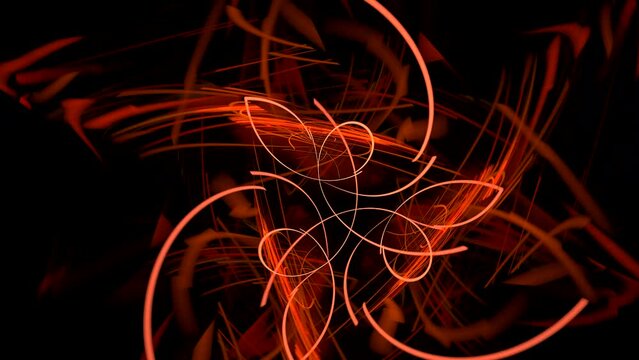 Red floral swirling pattern of curved lines and waves on a black background. Abstract fractal video