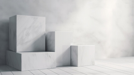 empty white marble pedestals for product presentation