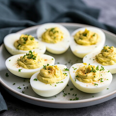 Devilled eggs on a plate food photograph, generative ai