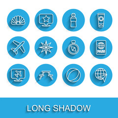 Set line Speech bubble with airplane, Picnic table benches, Scallop sea shell, Beach ball, Globe flying, Wind rose, Passport and Compass icon. Vector
