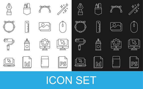 Set line PS File document, Computer monitor and cursor, mouse, Bezier curve, Ruler, Circle with, Fountain pen nib and Picture landscape icon. Vector