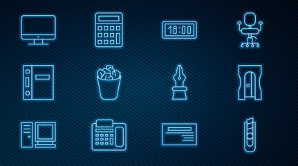 Set line Stationery knife, Pencil sharpener, Digital alarm clock, Full trash can, Office folders, Computer monitor screen, Fountain nib and Calculator icon. Vector