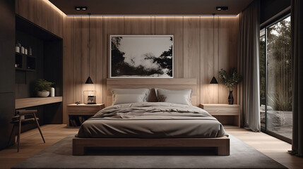 scène de présentation d'une chambre moderne en bois, avec des couleurs clair et un cadre au dessus du lit 