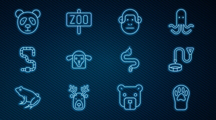 Set line Paw print, Collar with name tag, Monkey, Sheep head, Worm, Cute panda face, Snake and Zoo park icon. Vector