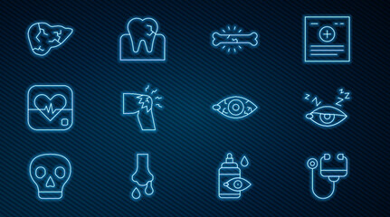 Set line Stethoscope, Insomnia, Bone pain, Joint pain, knee, Heart rate, Hepatitis virus, Reddish eye and Tooth with caries icon. Vector