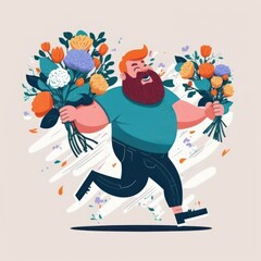 With flowers. Adult man with brutal beard. Beautiful illustration picture. Generative AI