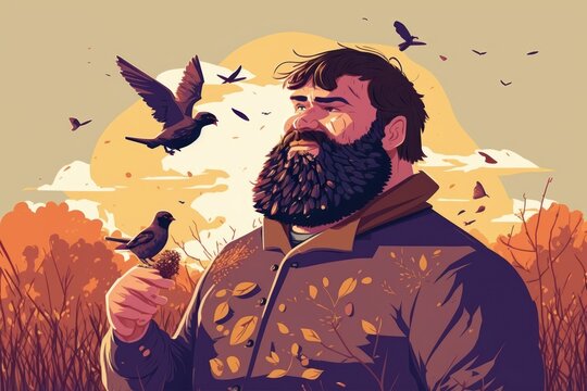 Enjoying nature. Adult man with brutal beard. Beautiful illustration picture. Generative AI