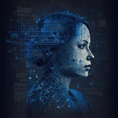 Blueprint of artificial intelligence creature that looks like human. Beautiful illustration picture. Generative AI