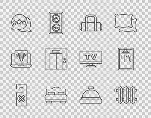 Set line Please do not disturb, Heating radiator, Suitcase, Hotel room bed, Five stars rating review, Lift, service bell and Shower cabin icon. Vector