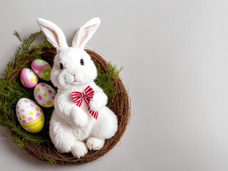 A fluffy toy bunny sits in a nest with easter eggs