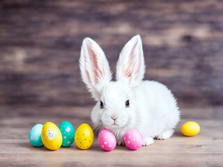 Easter bunny with easter eggs on a wooden table