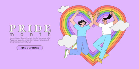 Happy jumping woman in trendy flat style on rainbow heart background. Concept of lesbian or bisexual couple or marriage, best friends, lgbt, love and romance. Girls in love with rainbow in the sky.