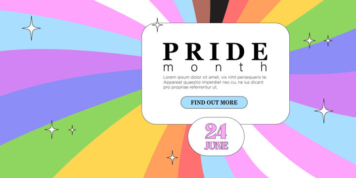 Lgbtq or pride month, event, festival or day cute web banner, landing page, greeting post card, placard, flyer or poster with rainbow background for social media post. Event invitation in 90s style.
